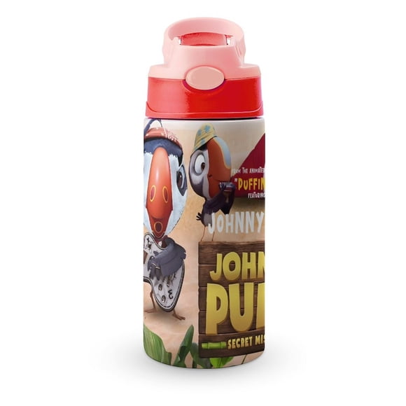 Johnny PuffBotella de Agua con Tapa Pop Top de Un Toque, Acero Inoxidable, a Prueba de Fugas, para Deportes, Botella Infantil rosa 12 oz