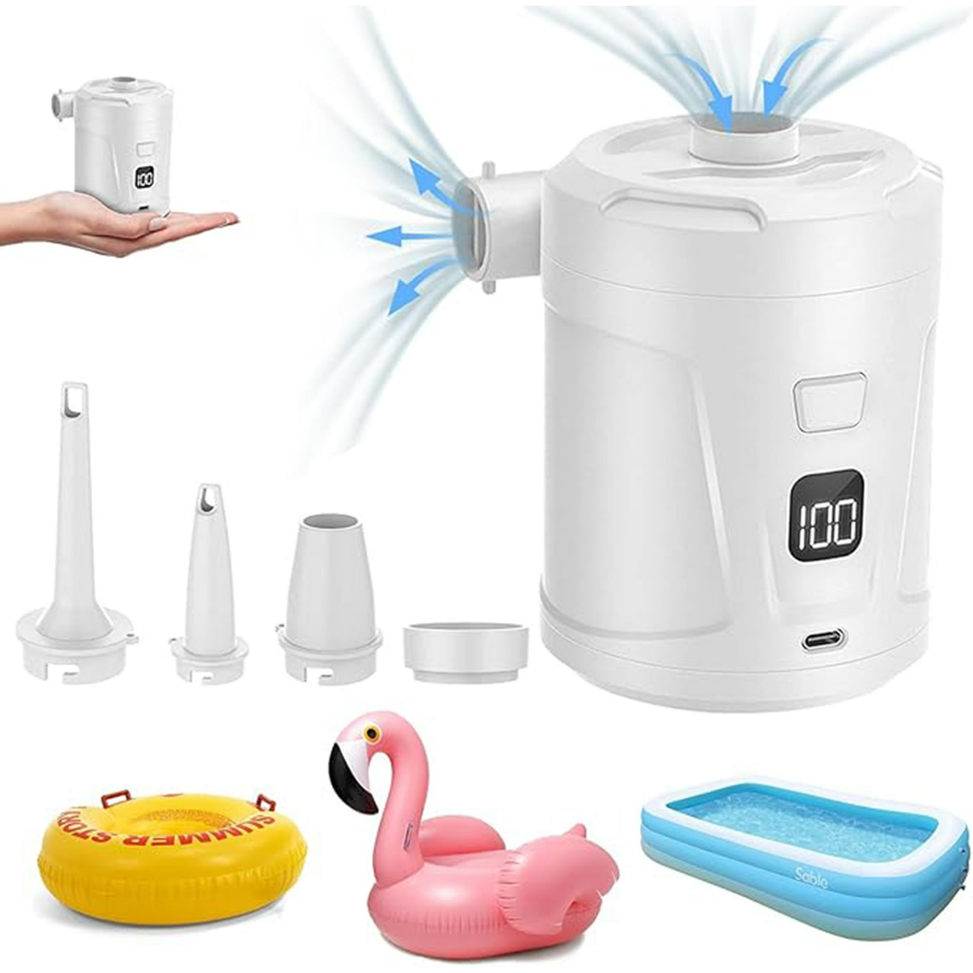 Veat00l - Bomba De Aire Eléctrica Para Inflables, 5200 Mah Portable Air Pump, Mini Bomba De Aire Con 4 Boquillas Y Visualización Led Para Anillo De Natación, Colchones De Aire Y Camping