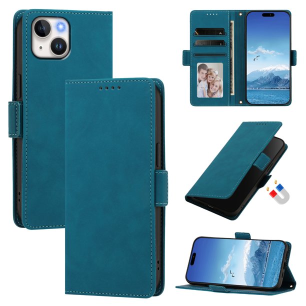 Funda Billetera Delgada para iPhone 13/14 con Ranuras y Soporte Azul lago