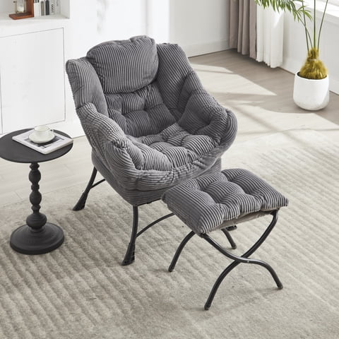 M&Ms - Lazy Chair With Ottoman, Modern Lounge Accent Chair With Armrests And A Side Pocket, Leisure Upholstered Sofa Chair Reading Chair With Footrest For Small Space, Corner Chair-Grey