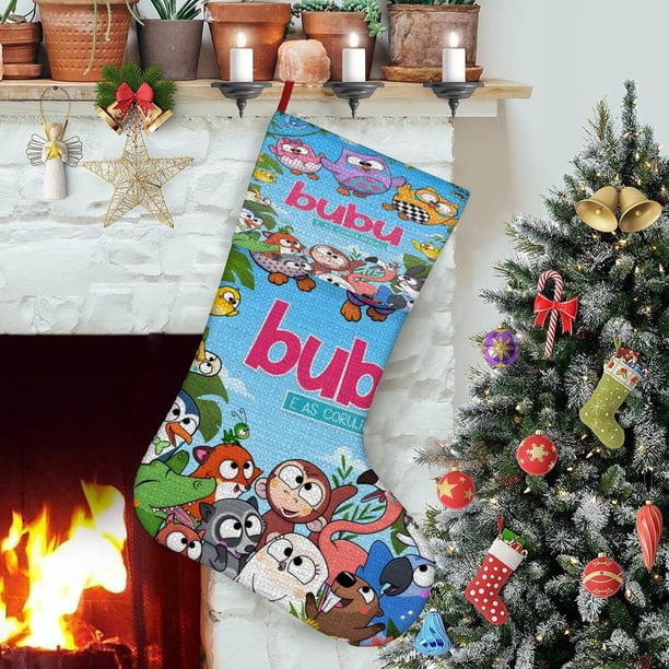 Bubu y los Pequeños Búhos Tema: Calcetines de Navidad, fino lino blanco para colgar en escaleras y chimenea, decoración navideña para el hogar, regalo de Navidad.54cm×38cm