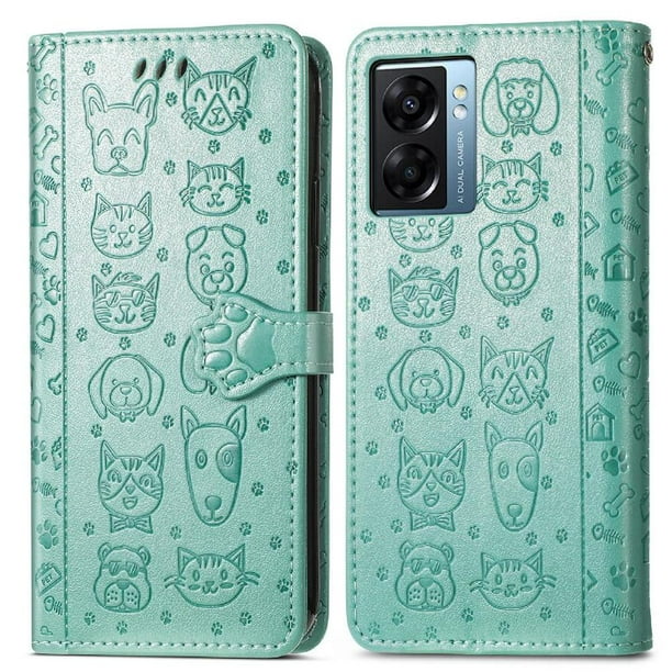 Funda Cartera FOXDOCK para OPPO A57 5G , Flip PU con Relieve de Gatos y Perros, Tarjetero y Soporte