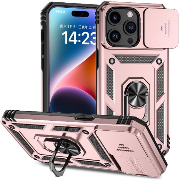 Funda Resistente Anillo Soporte iPhone 15 Pro Privacidad Cámara Montaje Magnético Oro rosa