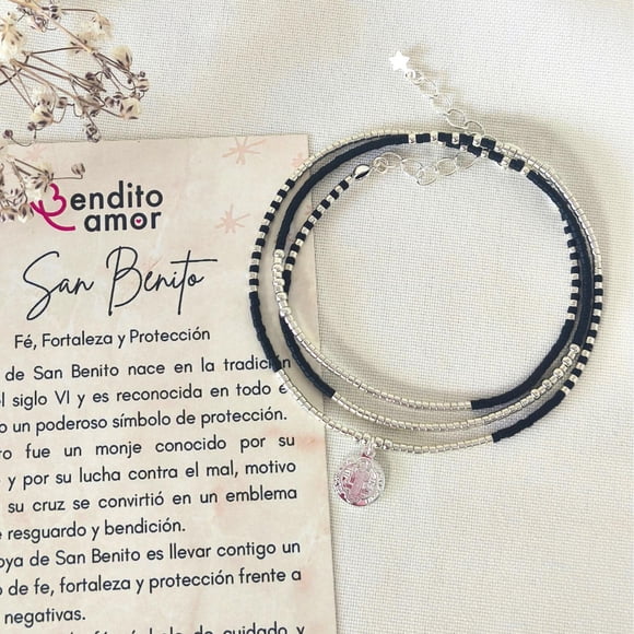 Maxi Pulsera protección San Benito de Plata 925 | Collar o Pulsera Triple de Protección negro