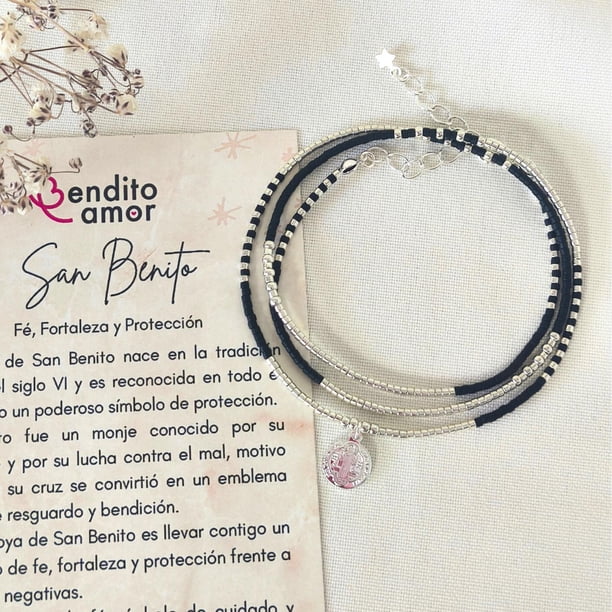 Maxi Pulsera protección San Benito de Plata 925 | Collar o Pulsera Triple de Protección negro