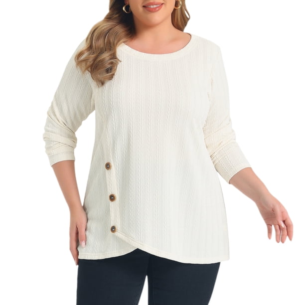 GRACE & GRANDEUR Tops para Mujer de Talla Grande con Botones, Dobladillo Cruzado, Cuello Redondo, Manga Larga, Blusas Texturizadas para Otoño e Invierno, Talla 3X Beige