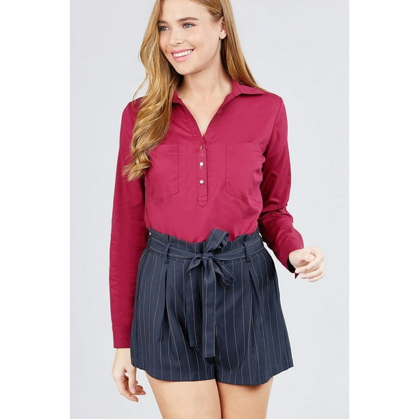 Camisa Elástica con Mangas 3/4 Enrolladas Al Frente, Dos Bolsillos y Detalle de Botón