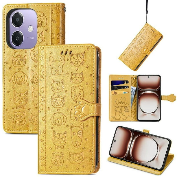 Funda Cartera FOXDOCK para OPPO A60 5G , Flip PU con Relieve de Gatos y Perros, Tarjetero y Soporte