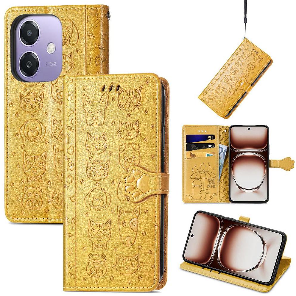 Funda Cartera Foxdock Para Oppo A60 5G , Flip Pu Con Relieve De Gatos Y Perros, Tarjetero Y Soporte