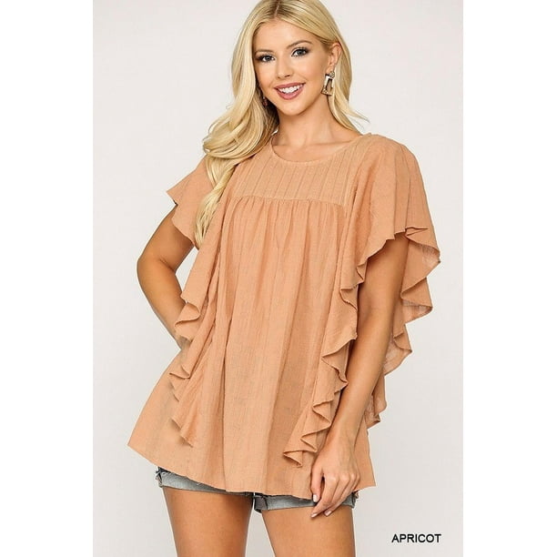 Blusa Tipo Túnica con Mangas con Volantes Texturizadas y Abertura en la Espalda