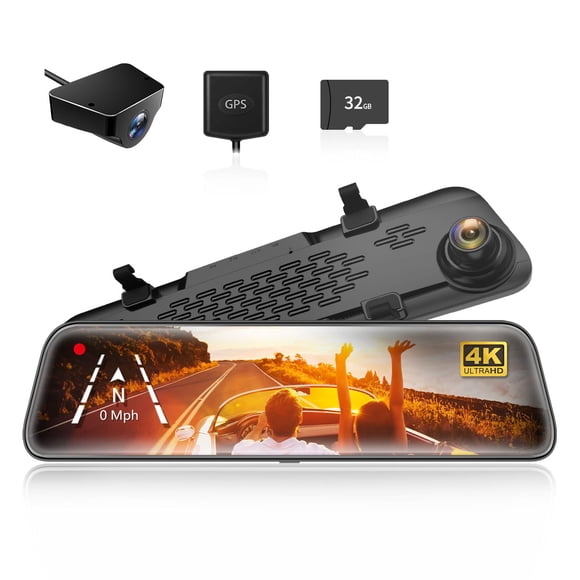 Dash Cam con espejo WOLFBOX G840S 12 4K con cámara trasera de 32 GB