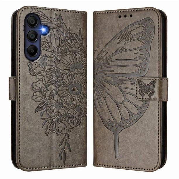 Funda Cartera Mariposa Para Samsung Galaxy A17 Con Soporte Y Ranuras Para Tarjetas Gris