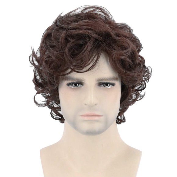 Peluca Topcosplay, corta, rizada, marrón oscuro, con capas para hombre