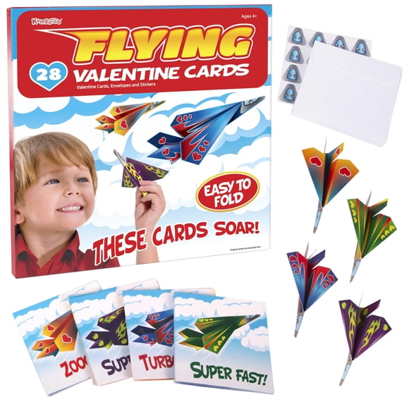 Tarjetas de avión de papel voladoras para el día de San Valentín para niños (paquete de 28)
