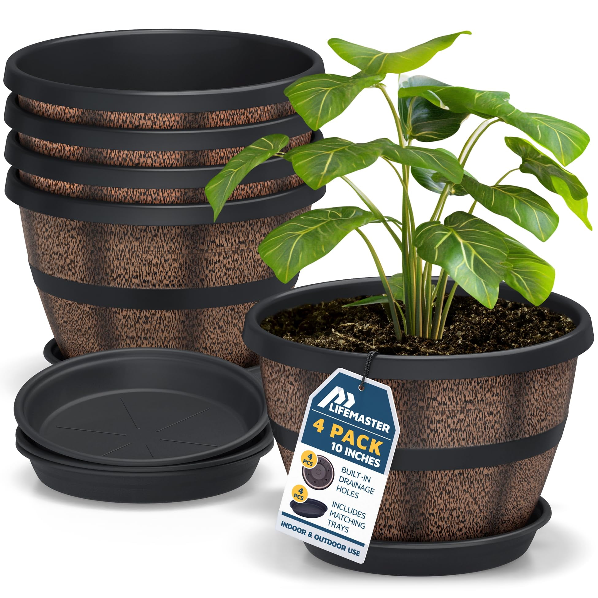 Macetas Tipo Barril De Whisky De Plástico Lifemaster De 10" - Pack De 4