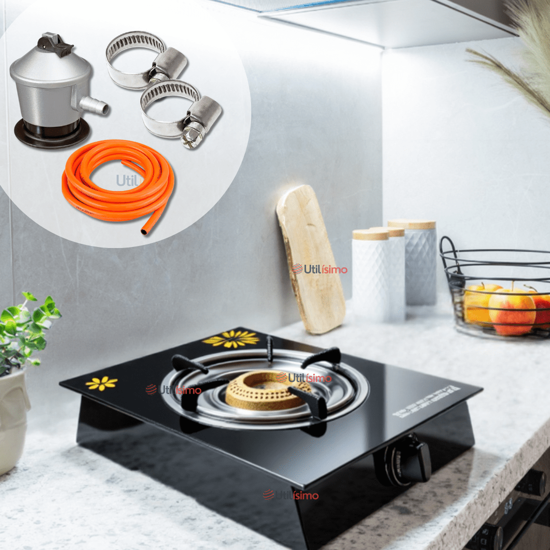 Line - Cocina Encimera A Gas Licuado Vidrio 1 Plato+kit De Instalación Cocinilla Negro