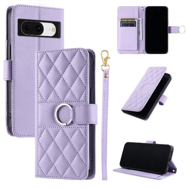 Funda Acolchada con Anilla y Correa para Google Pixel 8A Slots para Tarjetas Morado