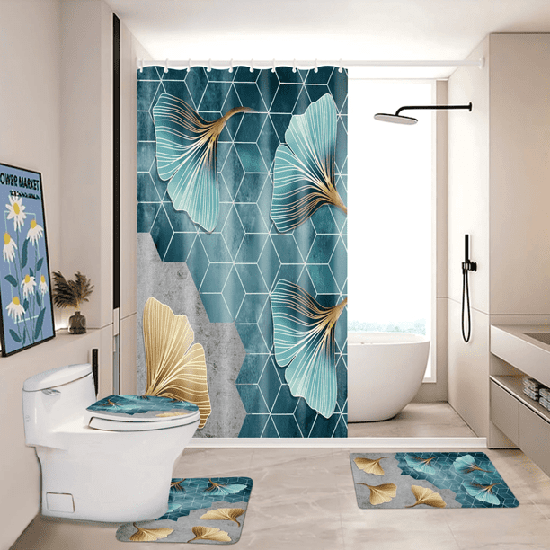 Set Juego De Baño Con Cortina Cubre Inodoro 4 Piezas