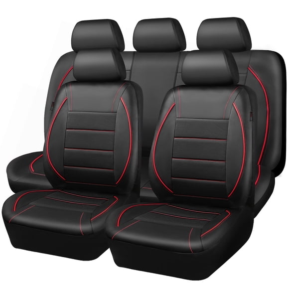 Funda de asiento de coche CAR PASS Universal FIT de piel ribeteada, color negro y rojo