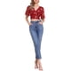 thumbnail image 2 of INSPIRE CHIC Blusa corta floral de mujer con cuello en V y mangas acampanadas, dobladillo fruncido, roja, talla M, 2 of 6
