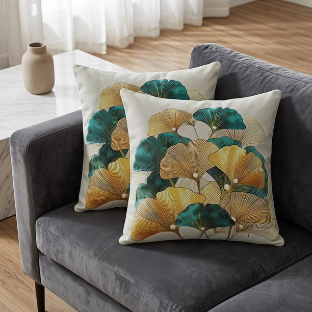 REGALWOVEN Funda de Cojines con Patrón de Hoja de Ginkgo Juego de 2 Estilo Boho Decorativo para Sofá Cama en Sala de Estar Flor-3 18" x 18"