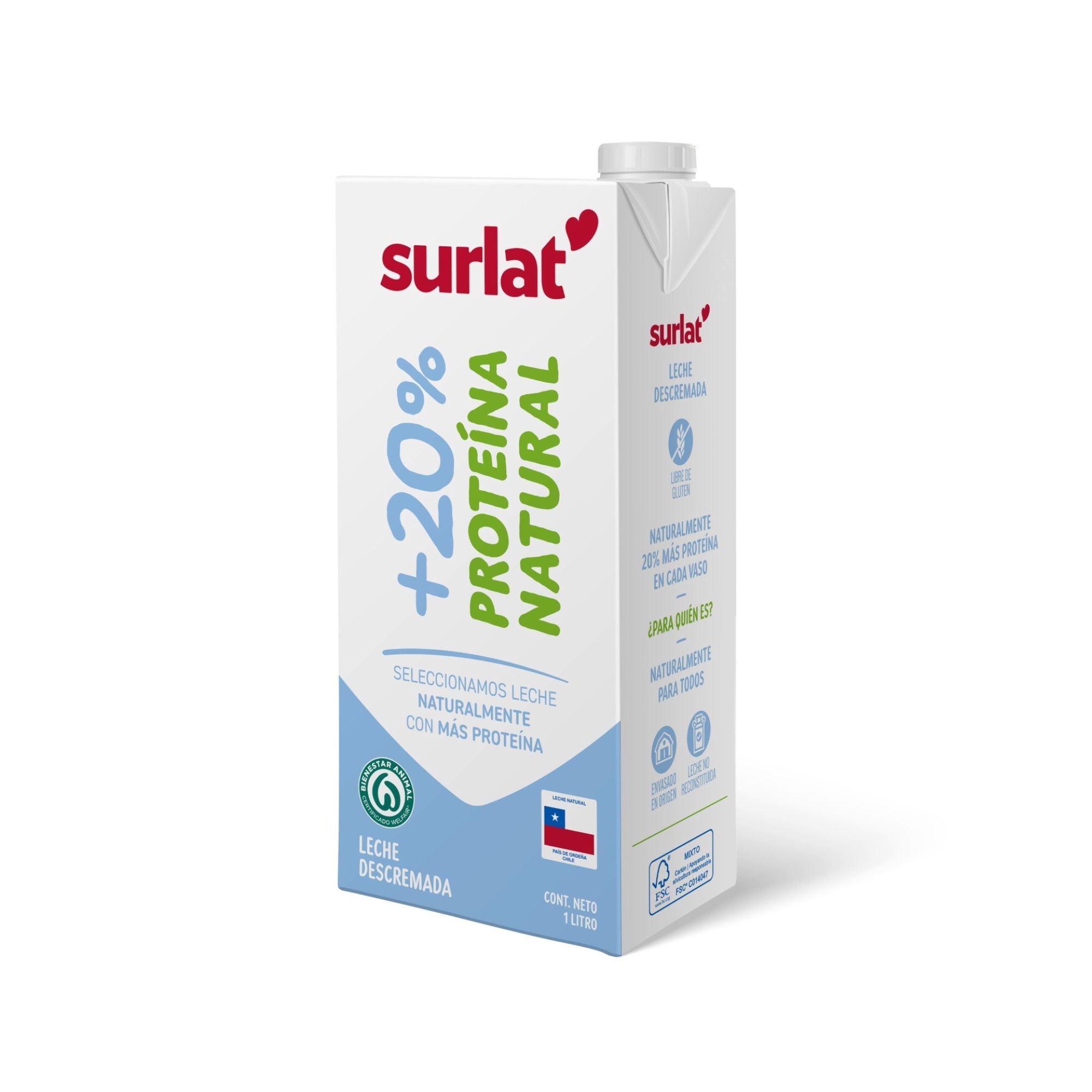 Leche Descremada +20% Proteína, 1l Surlat