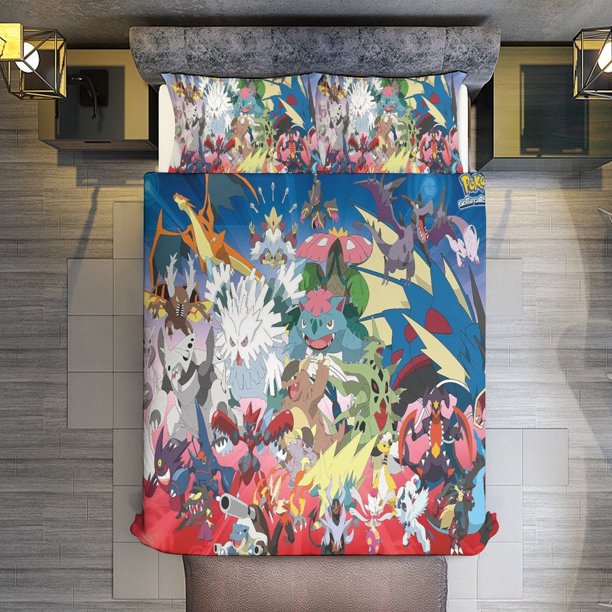 Comforter Set Queen Size Trends International Pokemon Mega Evolutions Set with 2 Pillowcases for All SeasonsBedding Set 3pcs for Kids Boys Girls Bedroom Decor Bed Sheets
