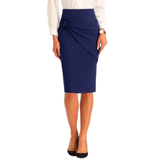INSPIRE CHIC Falda lápiz fruncida de cintura alta para mujer con detalle de lazo y abertura trasera, falda ajustada midi azul oscuro L