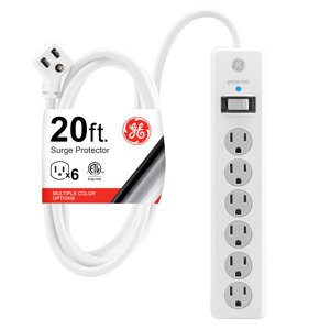 Protector Contra Sobretensiones Ge, Cable De Extensión De 6 Tomas Y 20 Pies, 800 J, Blanco