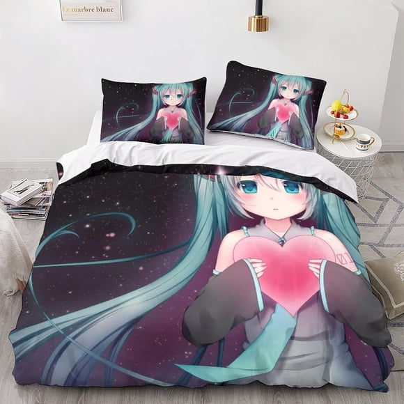 Hatsune Miku Duvet Cover Bedding Set 3D Anime Characters Duvet Cover Double Size, Soft Microfiber Reversible Quilt Cover Color, Microfiber Kids Teenagers Adult Double