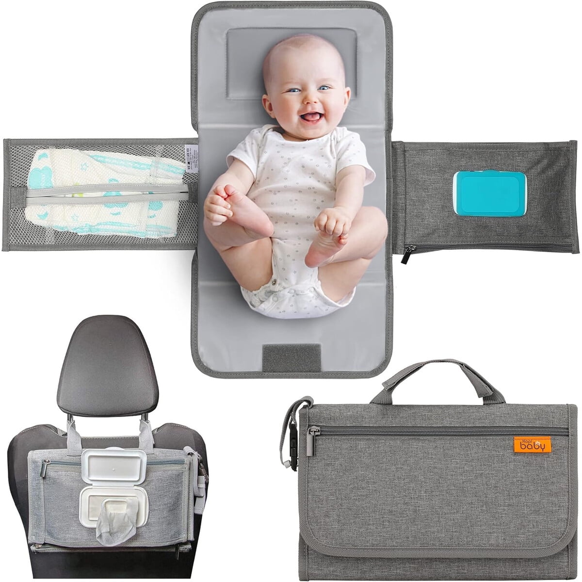 Cambiador Portatil Kopi Baby Gris Con Bolsillos Y Almohadilla
