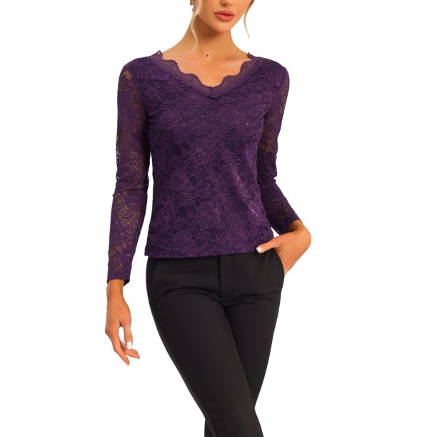 INSPIRE CHIC Top de Encaje Floral para Mujer de San Valentín con Cuello en V y Mangas Largas con Ribete Festoneado S Púrpura