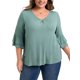 thumbnail image 1 of GRACE & GRANDEUR Blusas Casuales de Mujer Tallas Grandes con Doble Capa, Mangas con Volantes 3/4, Cuello en V y Frente Plisado 2X Verde, 1 of 7