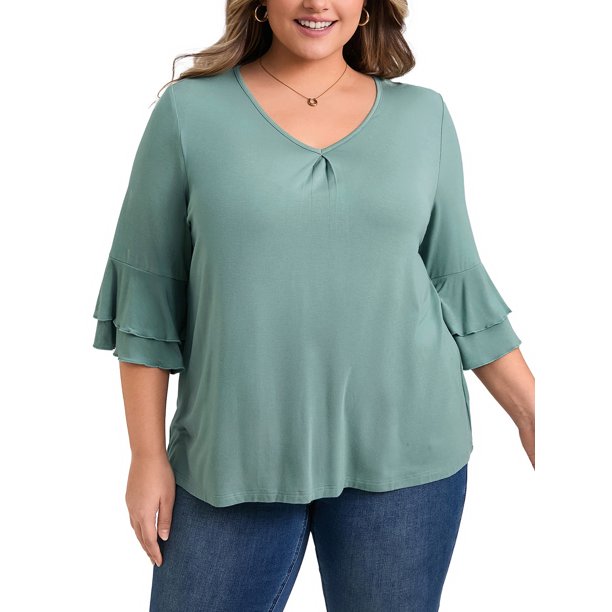 GRACE & GRANDEUR Blusas Casuales de Mujer Tallas Grandes con Doble Capa, Mangas con Volantes 3/4, Cuello en V y Frente Plisado 2X Verde