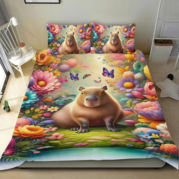 Capybara Conjunto de sábanas temático, trío de piezas, cómodo y amigable con la piel, diseño único, regalo de decoración para el hogar para familiares, amigos y fans,135cm *200cm