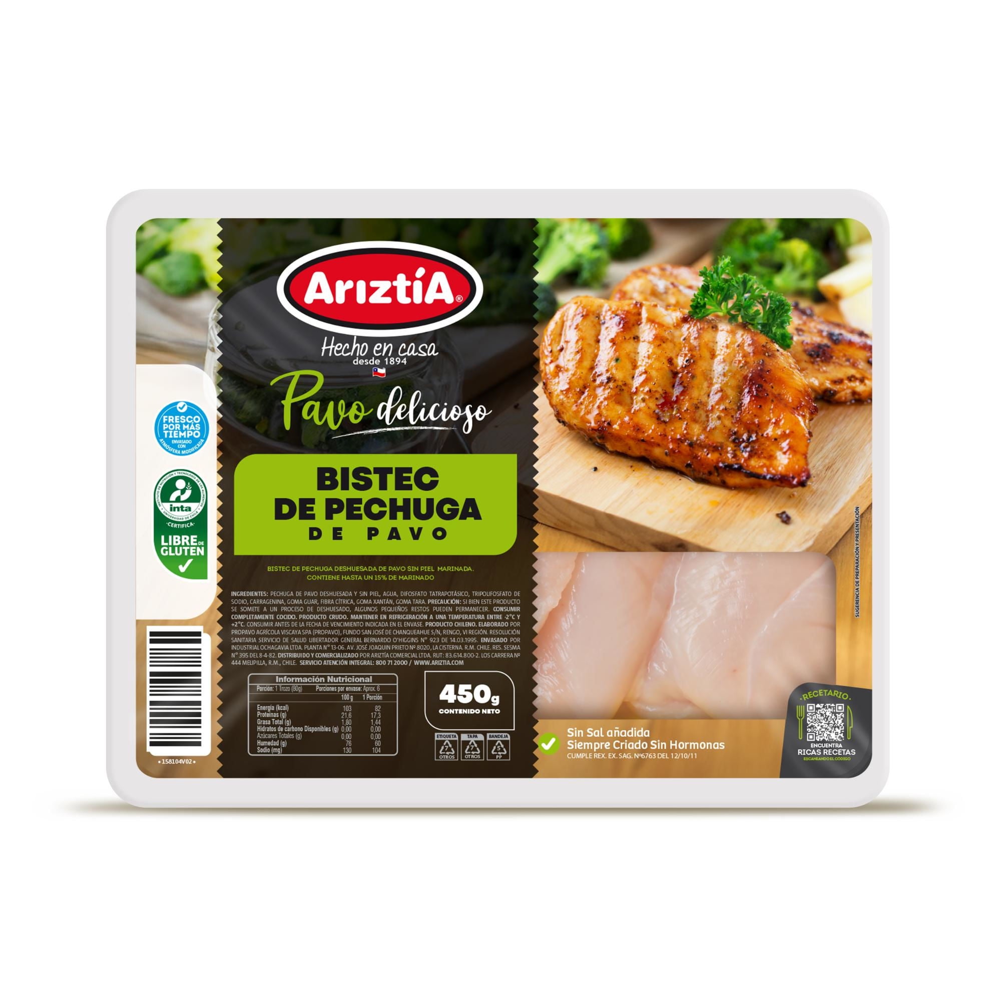 Pavo Pechuga Bistec Envasada 450 g Ariztia