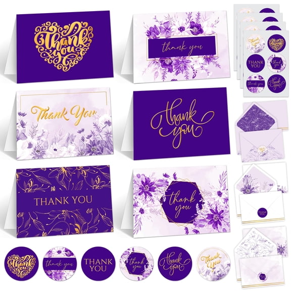 Tarjetas de Agradecimiento Decorably Paquete de 24 con Detalles en Dorado y Morado