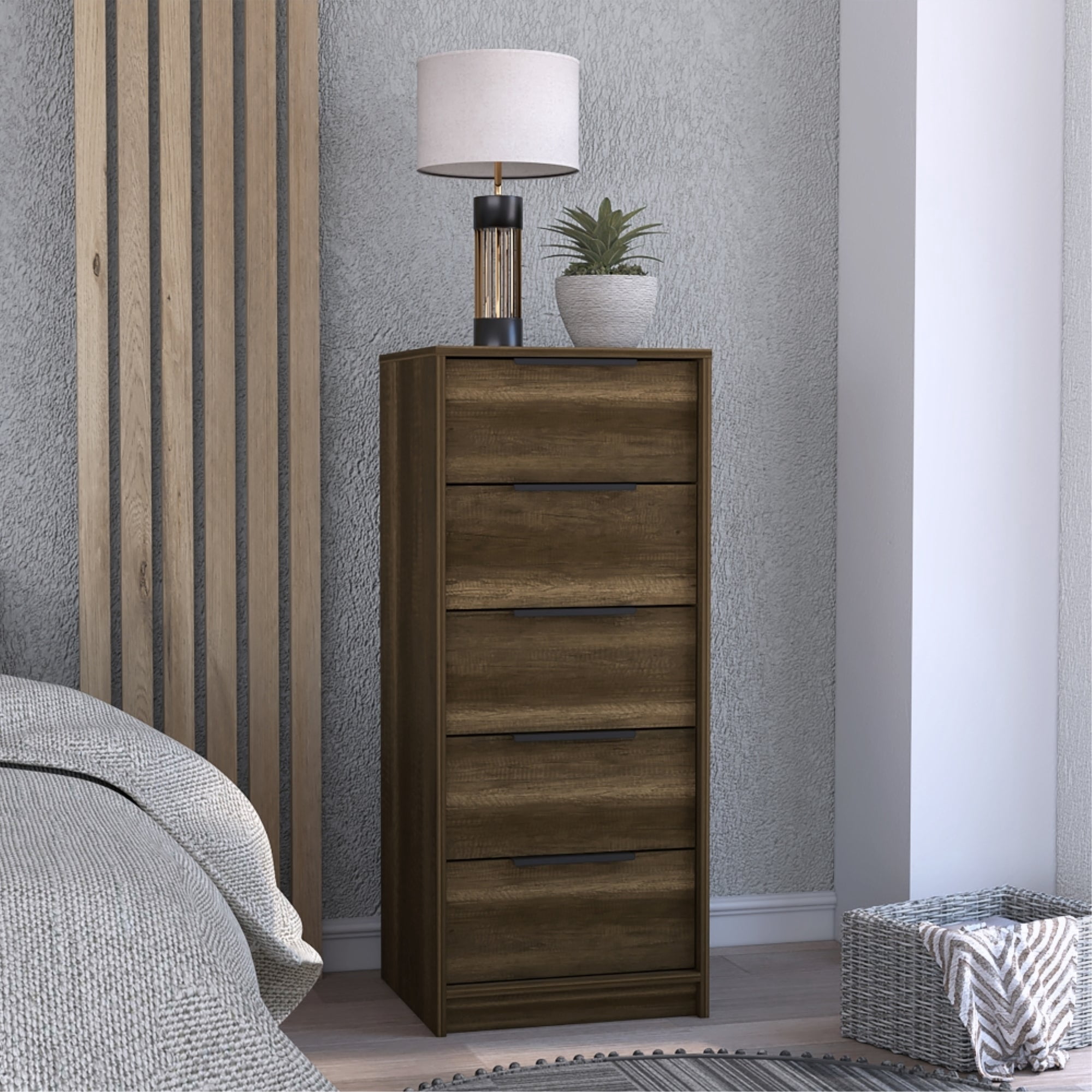 Tuhome - Cómoda Alta Kaia 5 Cajones Caramelo Y Wengue 107x45x41 Cm