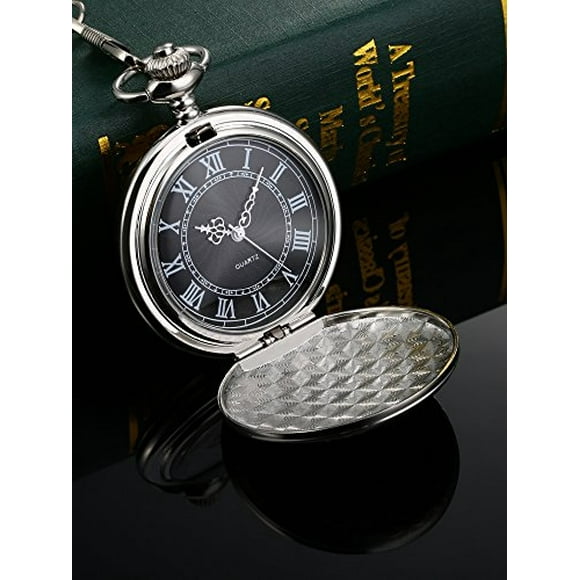 Reloj de Bolsillo de Cuarzo para Hombre con Dial Negro y Cadena (Plateado)
