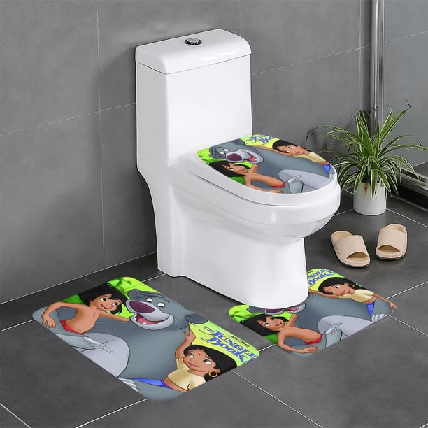 El Libro de la Selva Juego de 3 alfombras de baño de coral fleece: tapete de baño + alfombra de inodoro en forma de U + funda de tapa de inodoro en forma de O