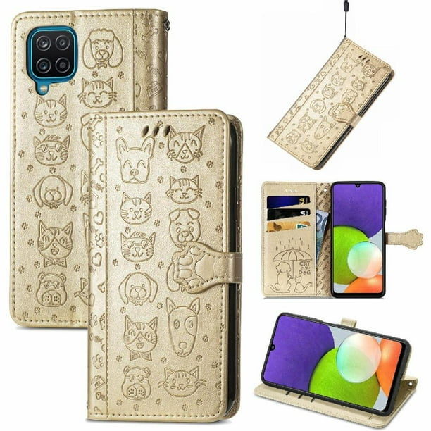 Funda Cartera FOXDOCK para Samsung Galaxy A22 4G , Flip PU con Relieve de Gatos y Perros, Tarjetero y Soporte