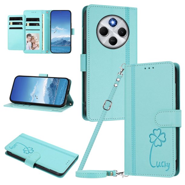 Funda Cartera Trébol para Xiaomi Redmi 14C 4G con Ranuras Tarjetas y Carga Inalámbrica Verde menta