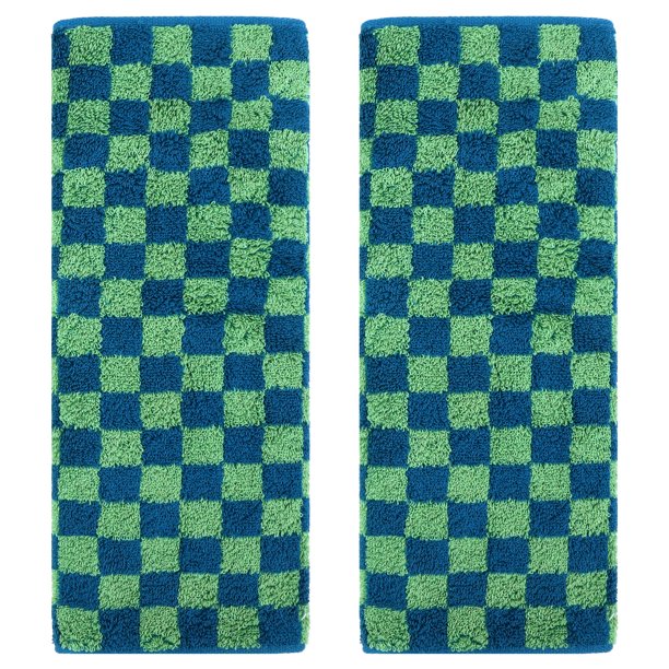 REGALWOVEN Toallas de Mano de Algodón a Cuadros para Baño, Patrón Geométrico Toalla de Mano Suave y Absorbente para Decoración del Hogar Azul Verde 2 Piezas