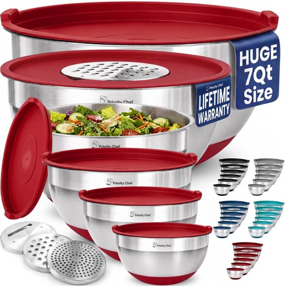 Tazones para mezclar Priority Chef 6 piezas, 7 qt (6,6 L) Acero inoxidable rojo