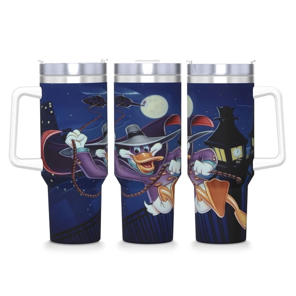 Pato Darkwing Vaso aislado de acero inoxidable con asa, diseño temático, regalo para familia, amigos y fans; incluye pajita y encaja en el portavasos estándar, 40 oz