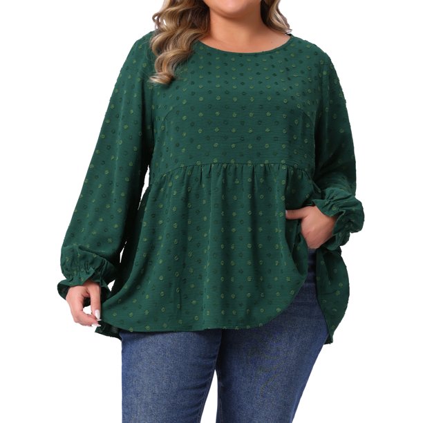 Agnes Orinda Conjuntos de Halloween para Mujeres Blusas de Tallas Grandes con Lunares Suizos, Peplum en Capas, Cuello Redondo, Manga Abullonada, Blusas Informales Babydoll 3X Verde Oscuro