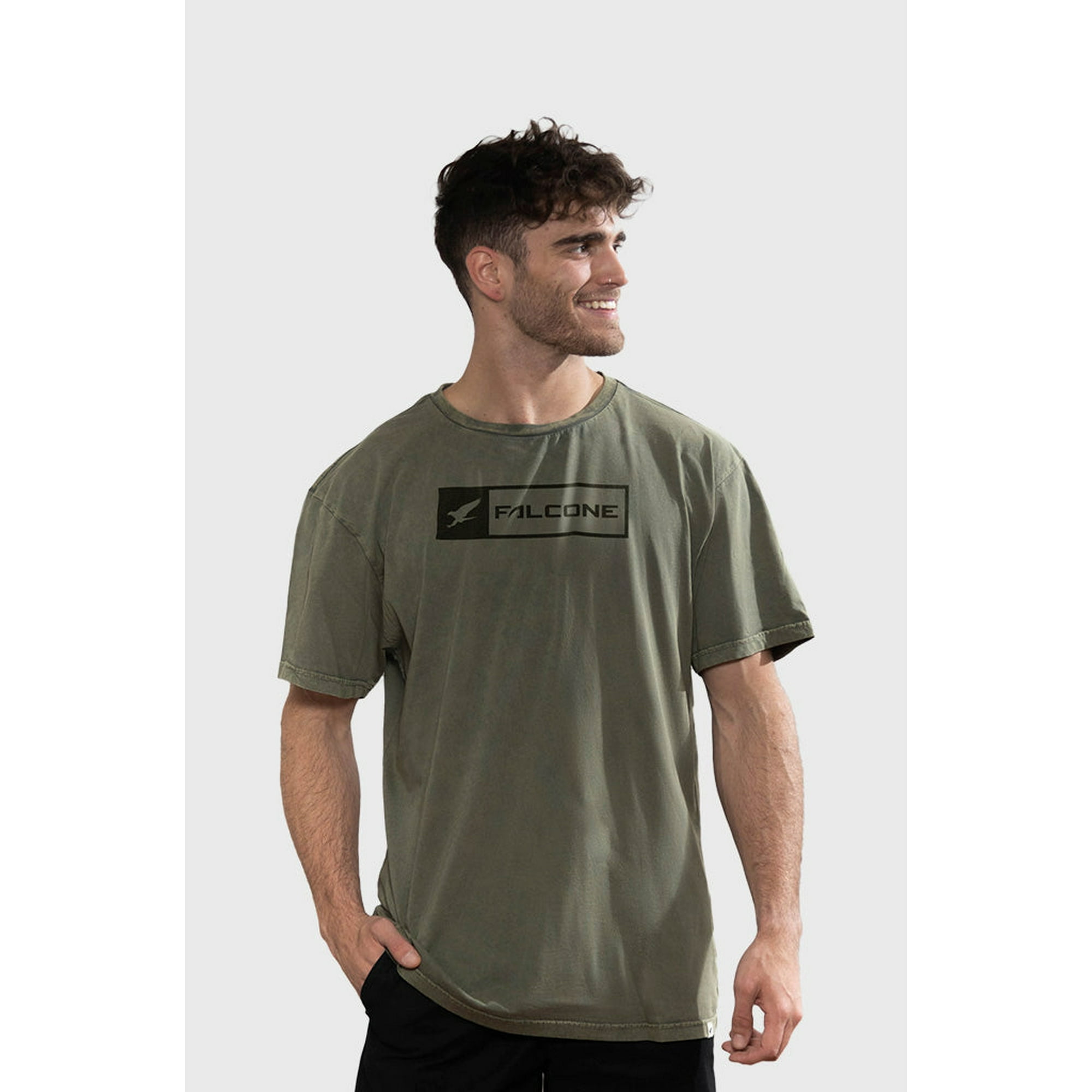 Polera Orgánica Acid-wash Rectangular Logo Verde Hombre Falcone