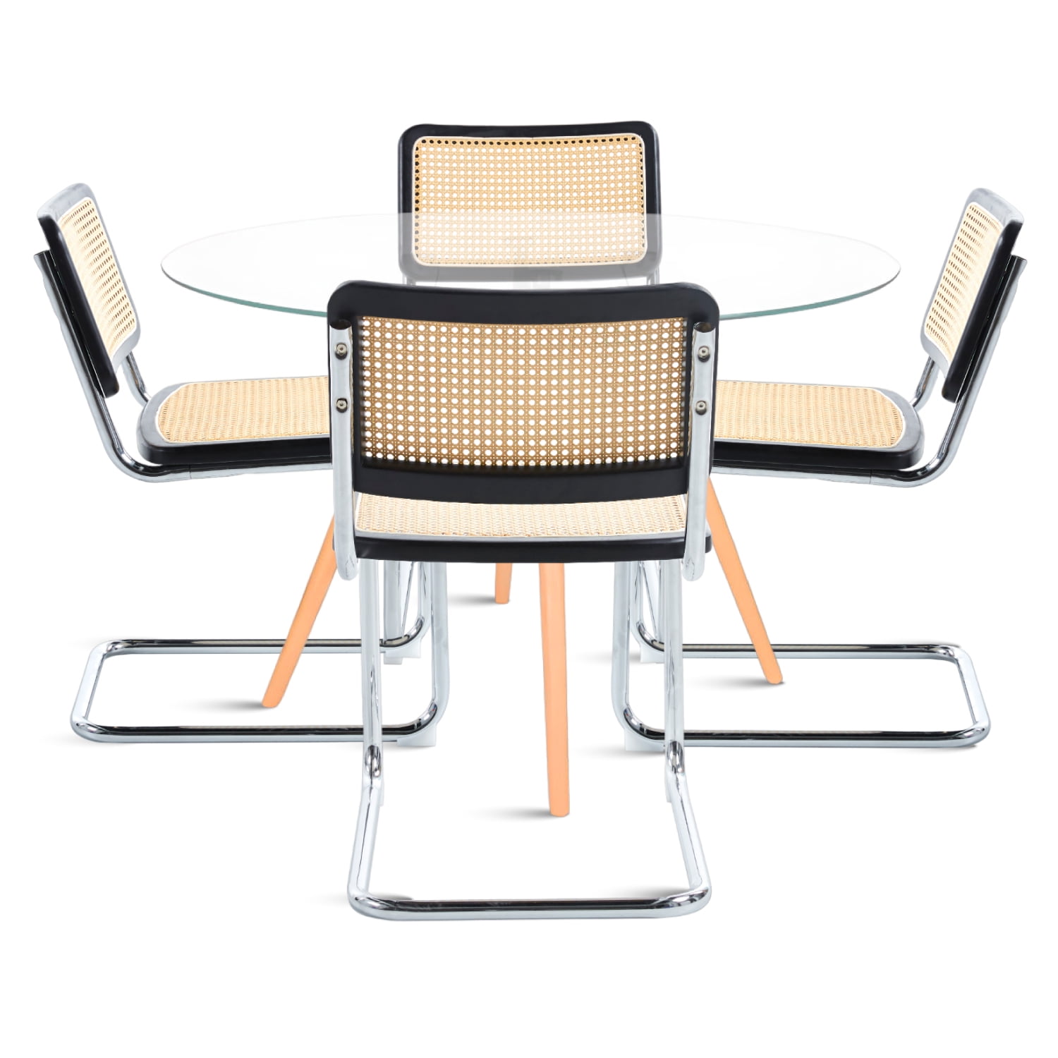 Klik Muebles - Mesa De Comedor Eames 80cm Redonda Vidrio + 4 Sillas Breuer Madera - Negra