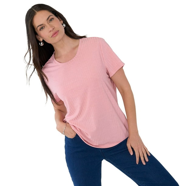 Polera Mujer Rib Básica Manga Palo Rosa Corona