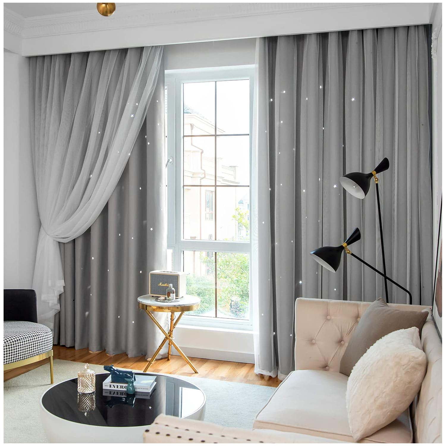 Wyj Hogar - Cortinas Blackout Con Agujero Estrella Y Visillo Integrado - Gris